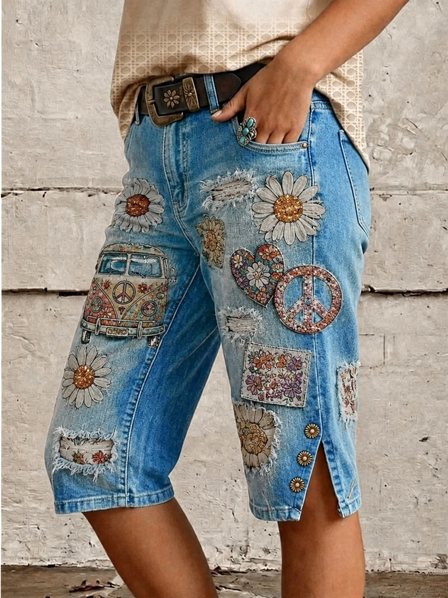 Retro Style Floral Art Print Vintage Casual Denim Shorts